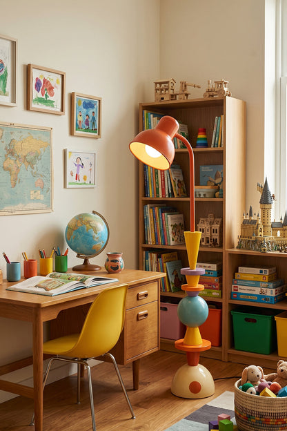 Tectonic Prism Metal Floor Lamp | Metal | Positioned next to a wooden desk and colorful bookshelf in a bright study | vexa lamps