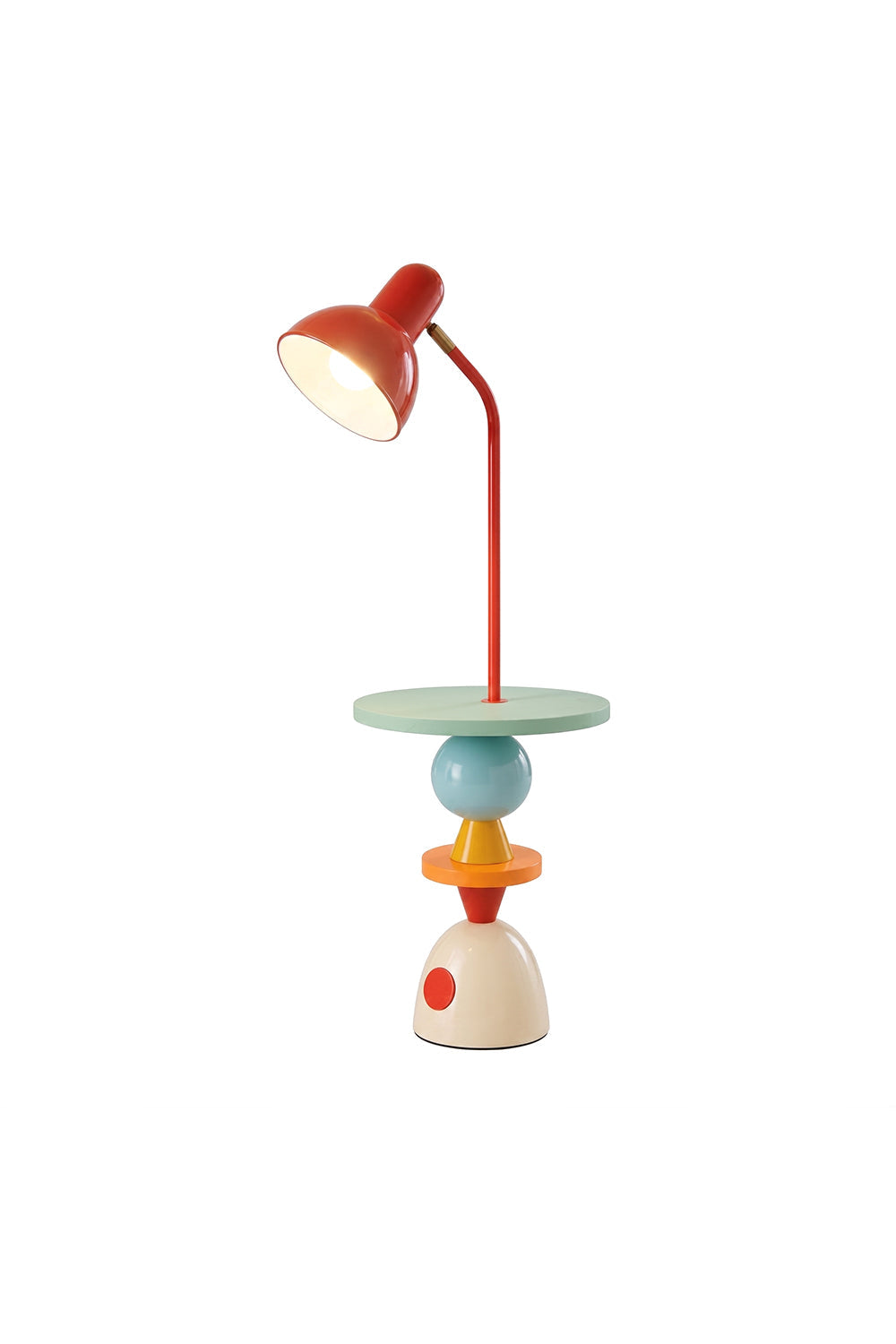 Tectonic Prism Metal Floor Lamp | Metal | Colorful geometric stacked base, red curved neck, warm glow | Isolated lit product shot on white background | vexa lamps