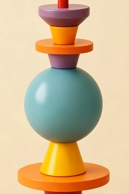 Tectonic Prism Metal Floor Lamp | Metal | Macro detail of the sculptural geometric base with blue, orange, and yellow shapes | vexa lamps