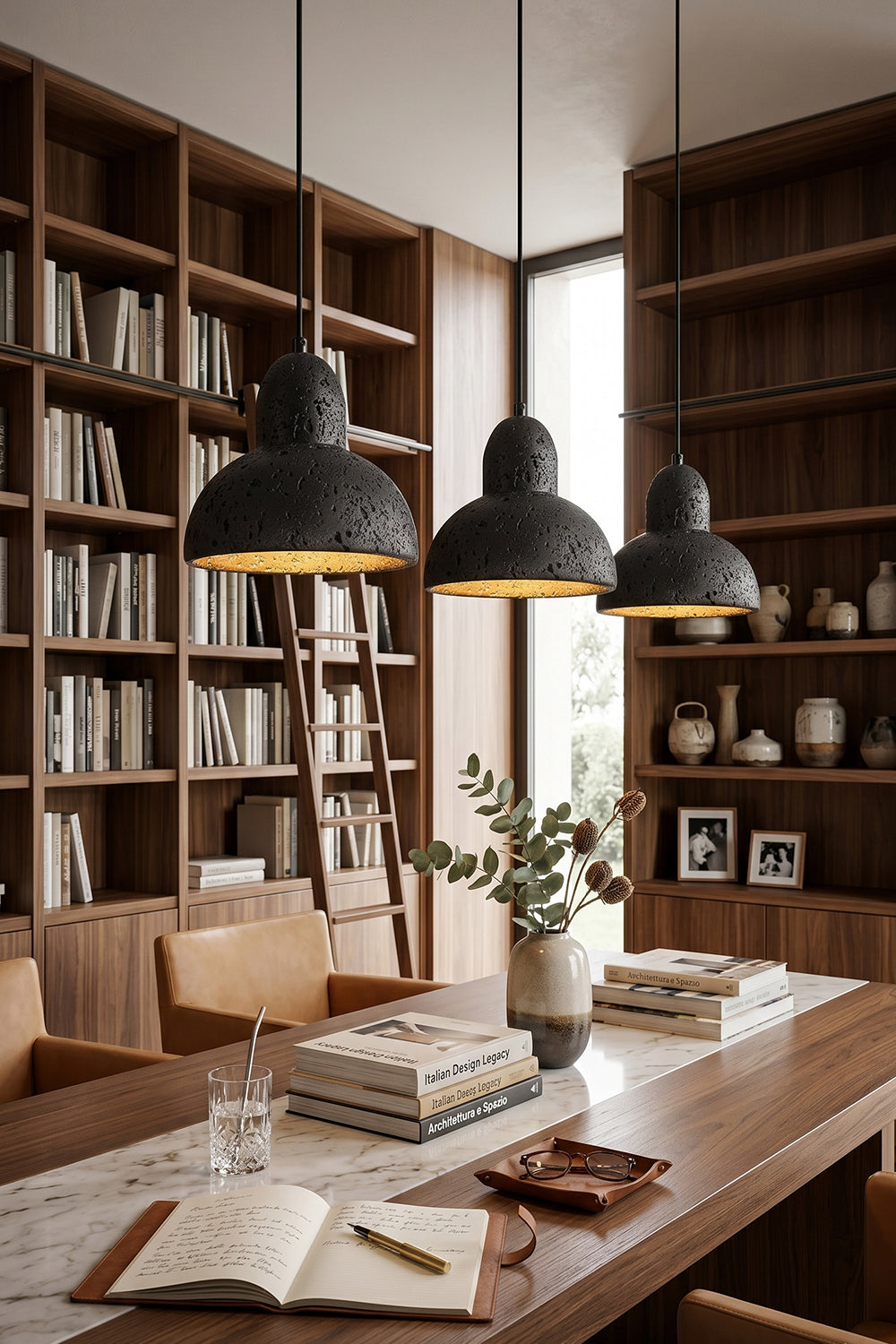 Three Black Travertine Pendant Lights | Black Travertine, Metal | Meeting table lighting in traditional library | vexa lamps