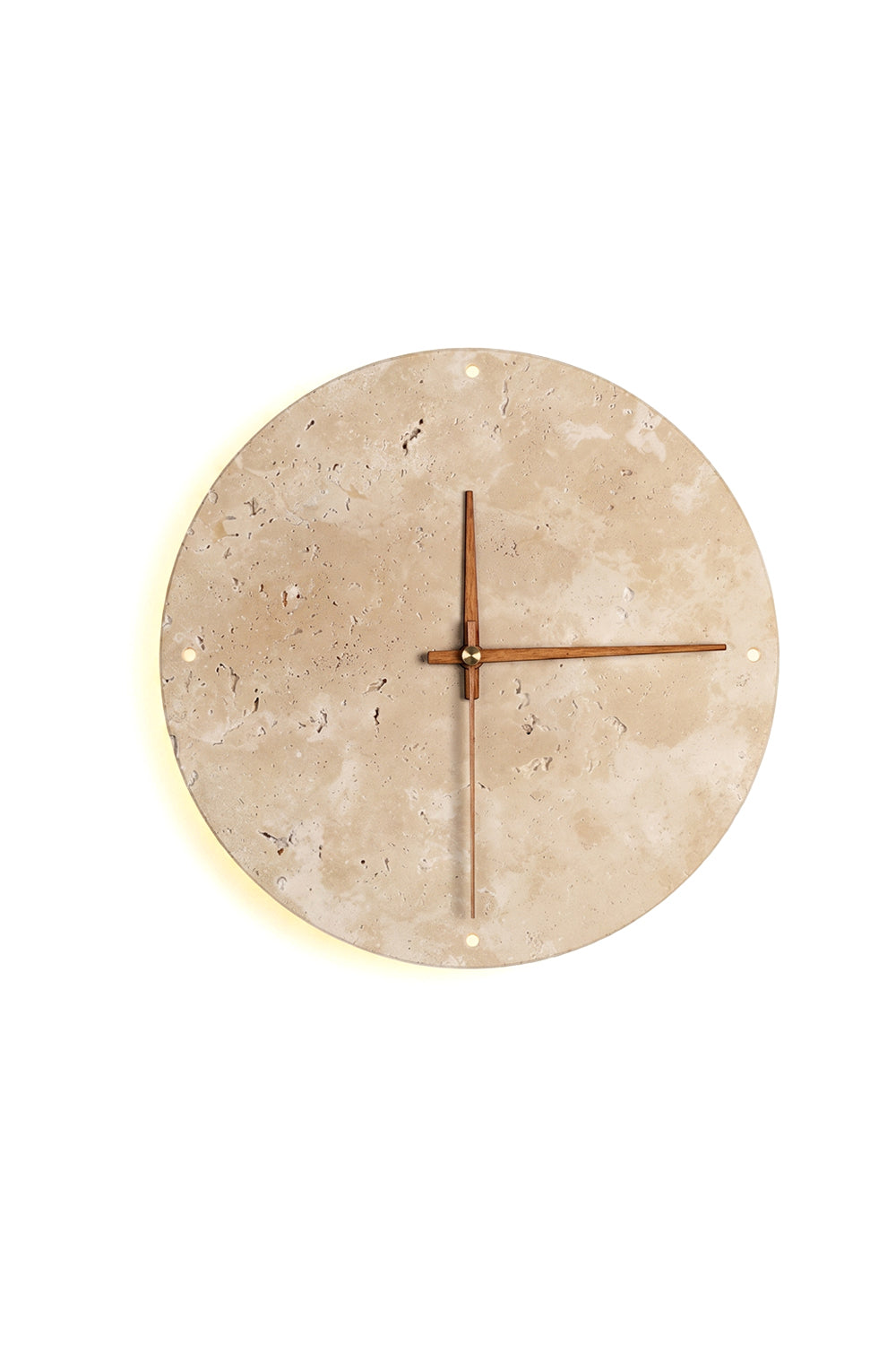 Temporal Epoch Wall Lamp | Travertine, Wood | Circular clock-inspired design with warm backlight | Isolated lit product shot | vexa lamps
