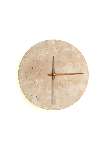 Temporal Epoch Wall Lamp | Travertine, Wood | Circular clock-inspired design with warm backlight | Isolated lit product shot | vexa lamps