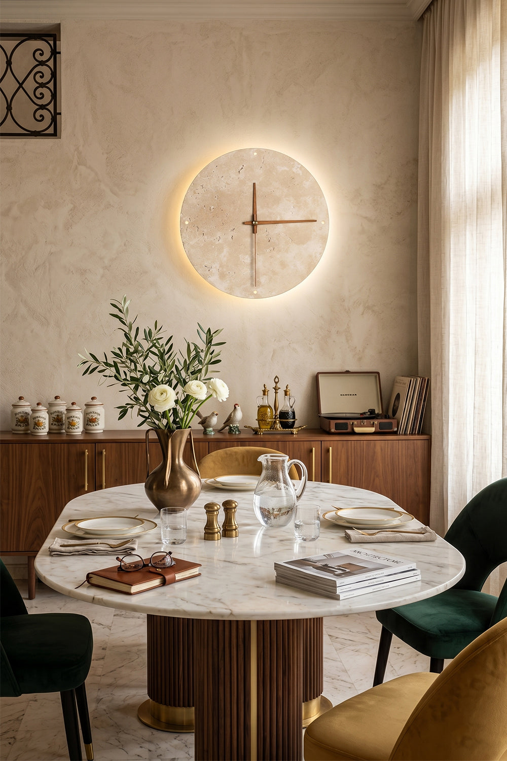 Temporal Epoch Wall Lamp | Travertine, Wood | Feature wall lighting in a contemporary dining room | vexa lamps
