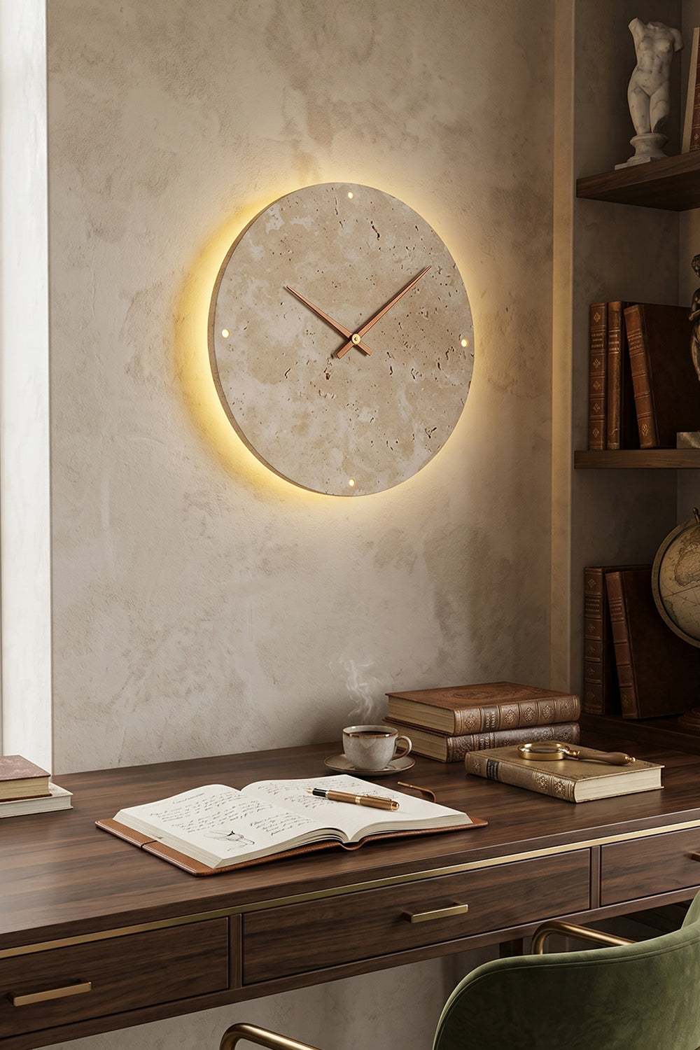 Temporal Epoch Wall Lamp | Travertine, Wood | Wall-mounted above a wooden desk in a classic study | vexa lamps