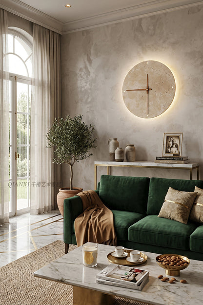 Temporal Epoch Wall Lamp | Travertine, Wood | Decorative wall light in a large living area with green sofa | vexa lamps