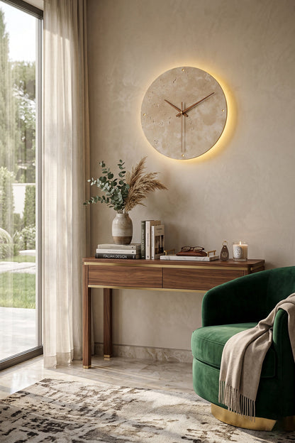 Temporal Epoch Wall Lamp | Travertine, Wood | Above a console table next to a large window | Interior scene | vexa lamps