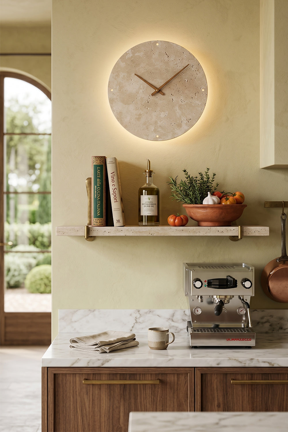 Temporal Epoch Wall Lamp | Travertine, Wood | Kitchen installation near shelves and espresso machine | vexa lamps
