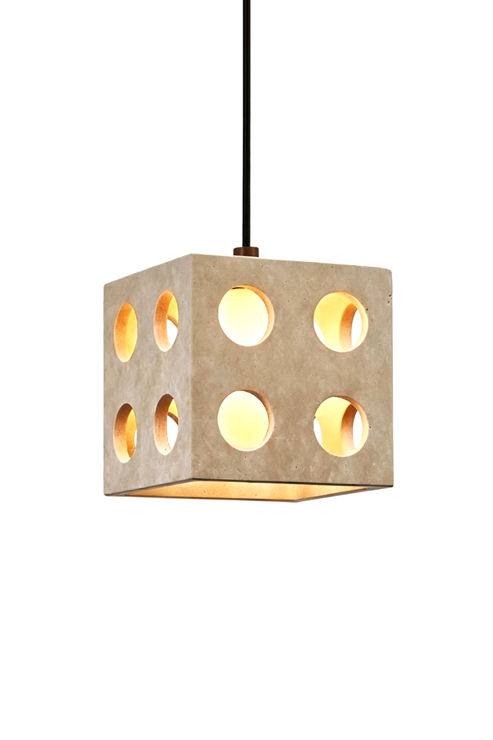 Terra Cube Travertine Pendant Light | Travertine, Metal | Circular cutouts with glass diffusers | Isolated lit product shot | vexa lamps