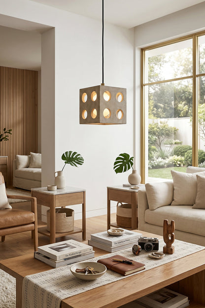 Terra Cube Travertine Pendant Light | Travertine, Metal | Above coffee table in living room interior | vexa lamps