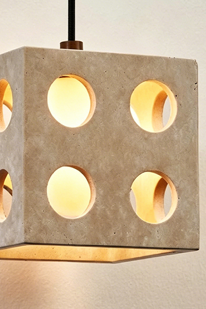 Terra Cube Travertine Pendant Light | Travertine, Metal | Angled lit product view showing depth and light diffusion | vexa lamps