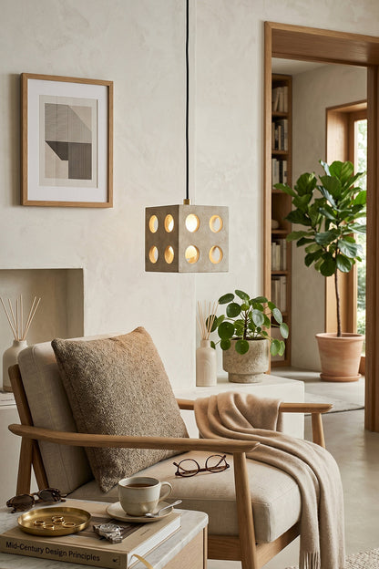 Terra Cube Travertine Pendant Light | Travertine, Metal | Bedside lighting in bedroom interior | vexa lamps