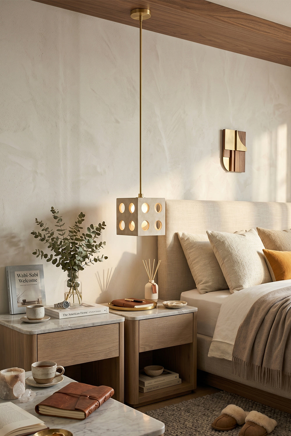 Terra Cube Travertine Pendant Lights | Travertine, Metal | View of multiple lights in open-plan living and dining interior | vexa lamps