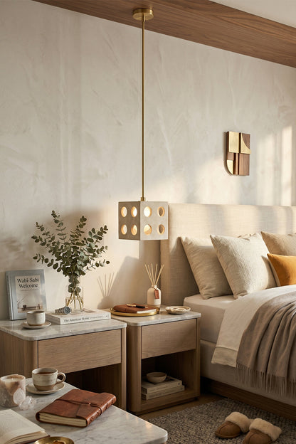 Terra Cube Travertine Pendant Lights | Travertine, Metal | View of multiple lights in open-plan living and dining interior | vexa lamps