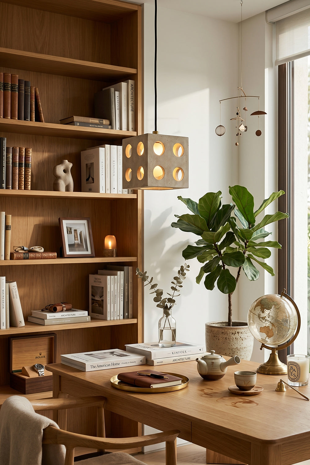 Terra Cube Travertine Pendant Light | Travertine, Metal | Above desk in home office interior | vexa lamps