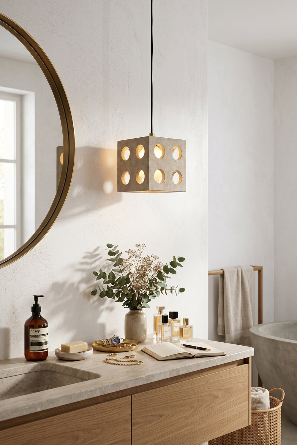 Terra Cube Travertine Pendant Light | Travertine, Metal | Above vanity in bathroom interior | vexa lamps