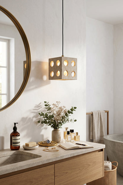 Terra Cube Travertine Pendant Light | Travertine, Metal | Above vanity in bathroom interior | vexa lamps