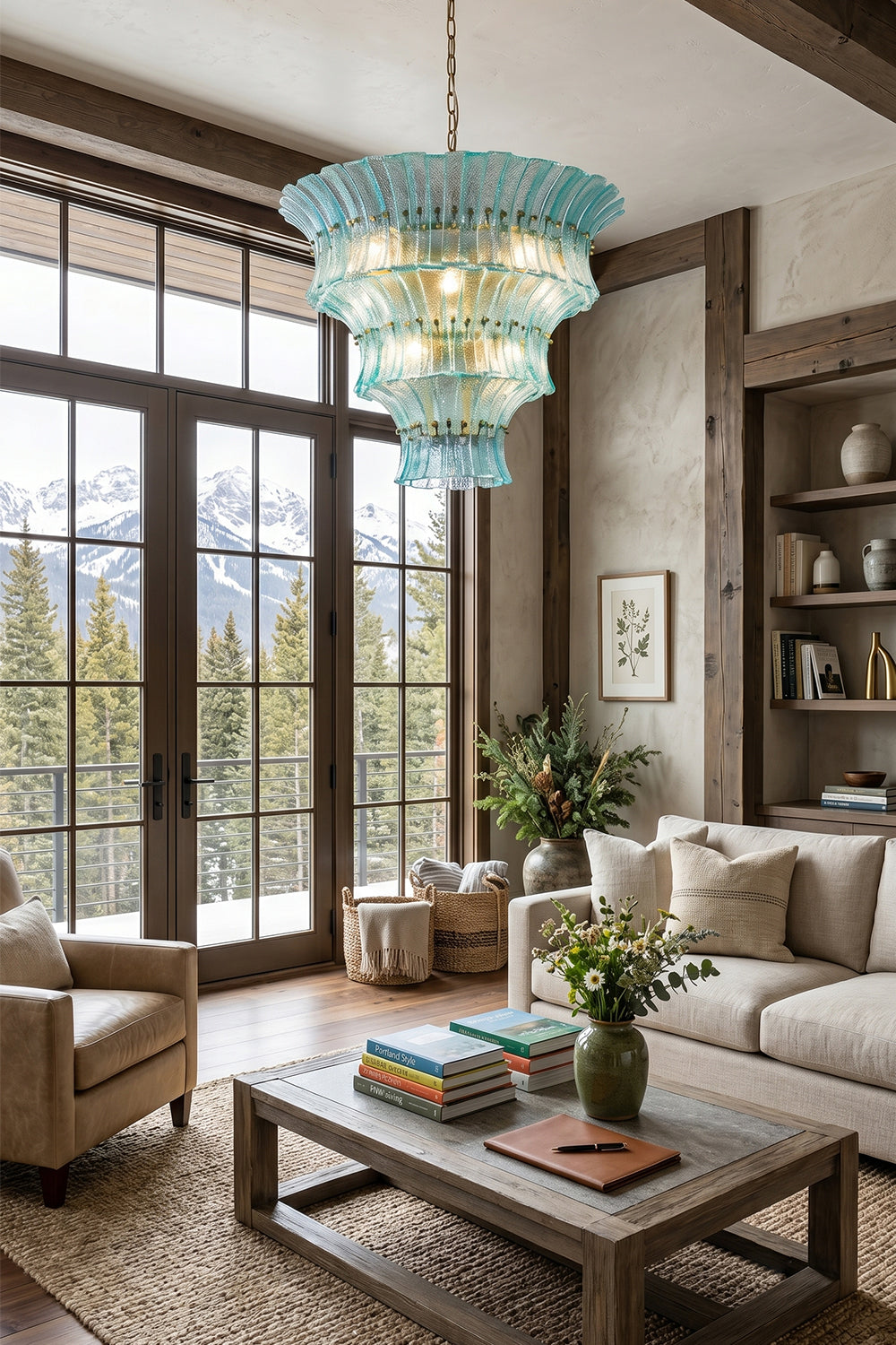 Thalassa Aquamarine Textured Glass Chandelier | Glass, Metal | Installed as a grand overhead lighting statement centerpiece in a mountain lodge living room with a cream sofa and high wood beams | vexa lamps