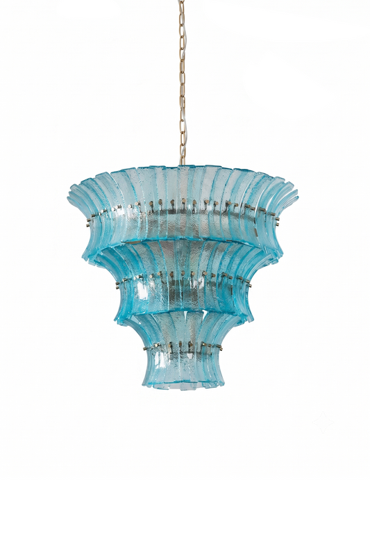 Thalassa Aquamarine Textured Glass Chandelier | Glass, Metal | Fully lit multi-tiered luxury chandelier featuring cascading curved aquamarine blue textured glass panels on a gold brass frame | Isolated shot on white background | vexa lamps
