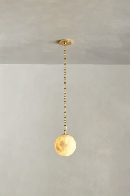 Thalia Alabaster Spherical Chain Chandelier with hand-carved alabaster spheres and brushed links.