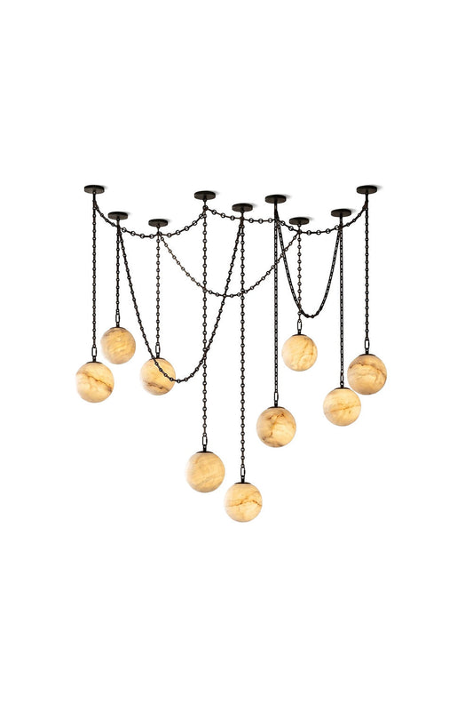 Thalia Alabaster Spherical Chain Chandelier with hand-carved alabaster spheres in brushed gold links.