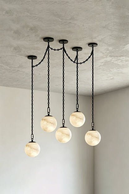 Thalia Alabaster Spherical Chain Chandelier with hand-carved alabaster spheres and brushed links.