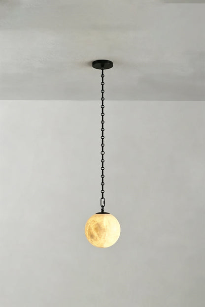 Thalia Alabaster Spherical Chain Chandelier with hand-carved alabaster spheres and brushed links.