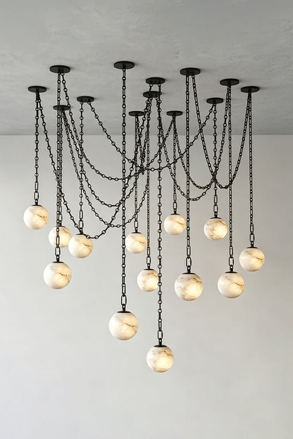 Thalia Alabaster Spherical Chain Chandelier with hand-carved alabaster spheres and brushed links.