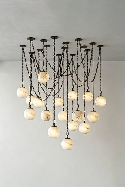 Thalia Alabaster Spherical Chain Chandelier with hand-carved alabaster spheres and brushed links.