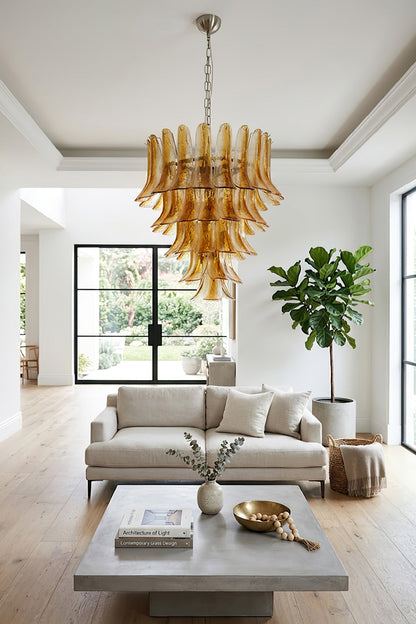 Modern amber lily glass pendant | Metal, Glass | Over a white sofa in a bright spacious lounge | vexa lamps