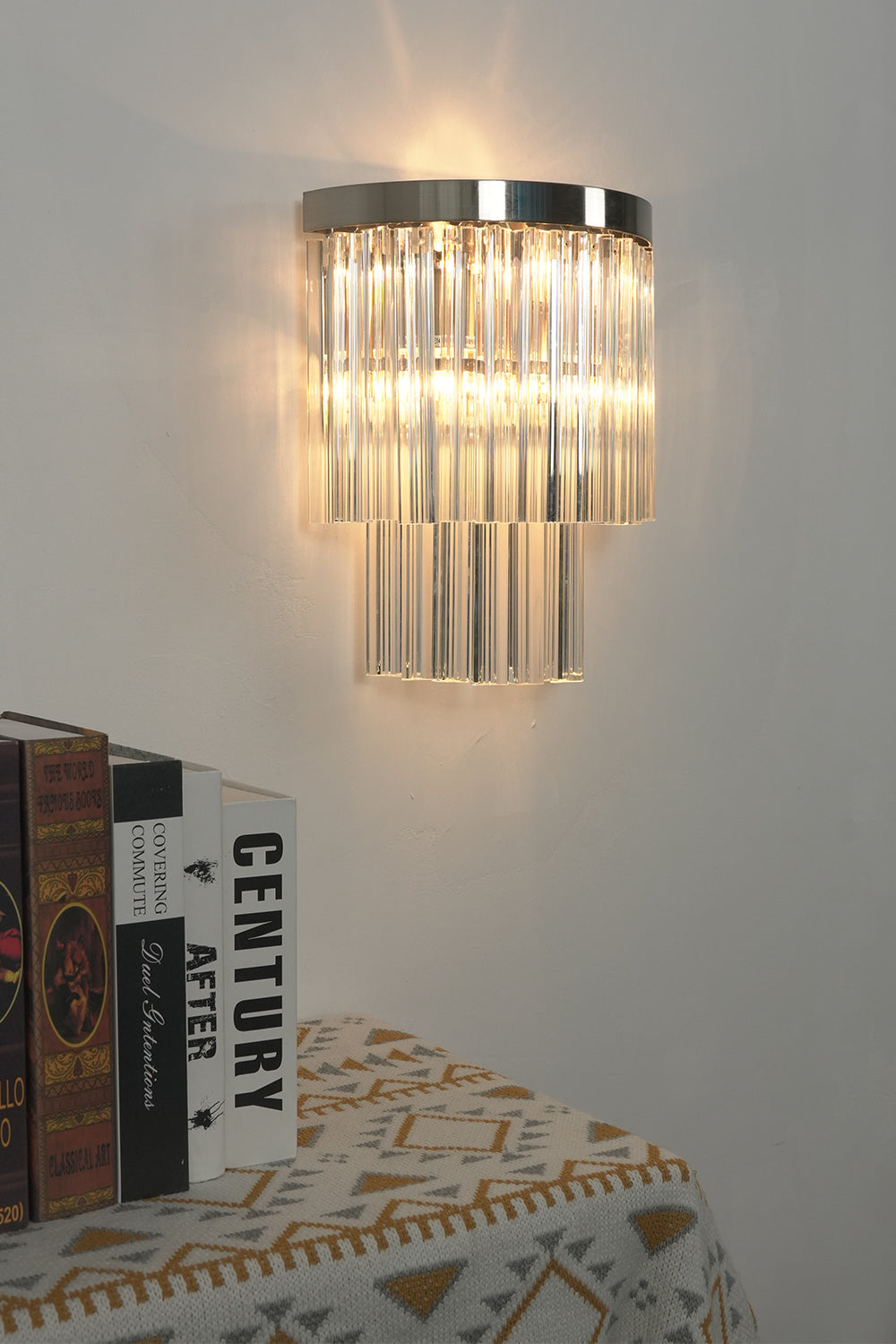 Lit tiered column glass wall light | Metal, Glass | Angled lit product shot | everlamps
