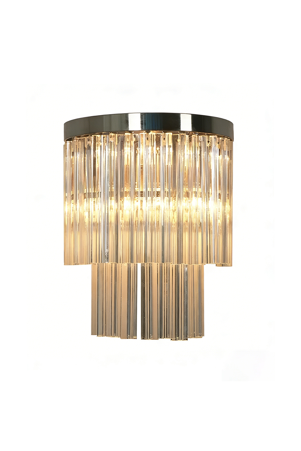 Lit tiered column glass wall light with vertical rods | Metal, Glass | Front product shot | everlamps