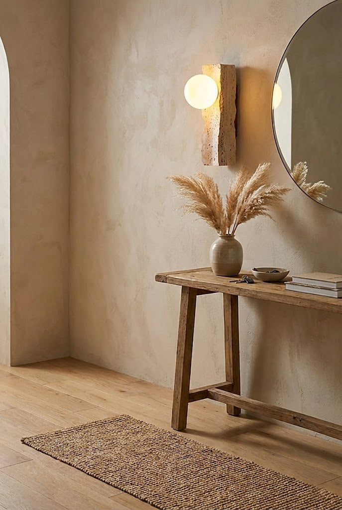Travertine wall sconce in a hallway over console table | Yellow Travertine, Metal, Glass | Positioned next to a round mirror and dried flowers | vexa lamps