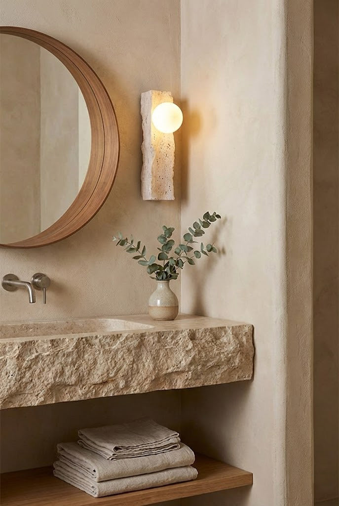 Stone block wall lamp in a modern bathroom | Yellow Travertine, Metal, Glass | Next to a travertine vanity and circular mirror | vexa lamps