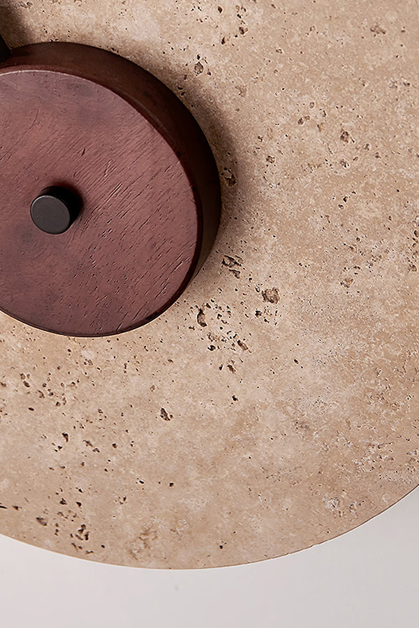 Close-up of travertine stone texture and wood center cap | Travertine, Wood | Showing organic pores and dark wood grain | vexa lamps