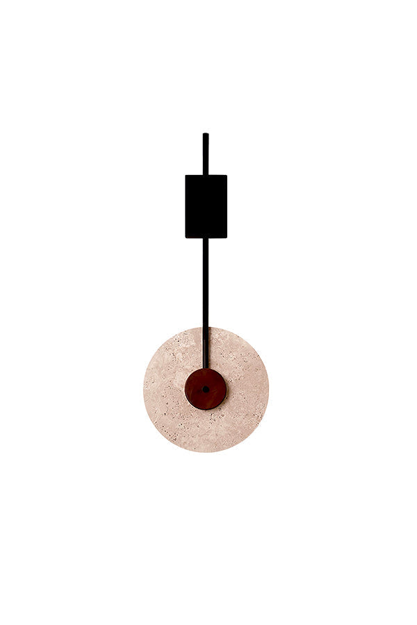 Lit travertine halo wall sconce with black metal rod and wood accent | Travertine, Wood, Metal | Front view isolated on white background | vexa lamps
