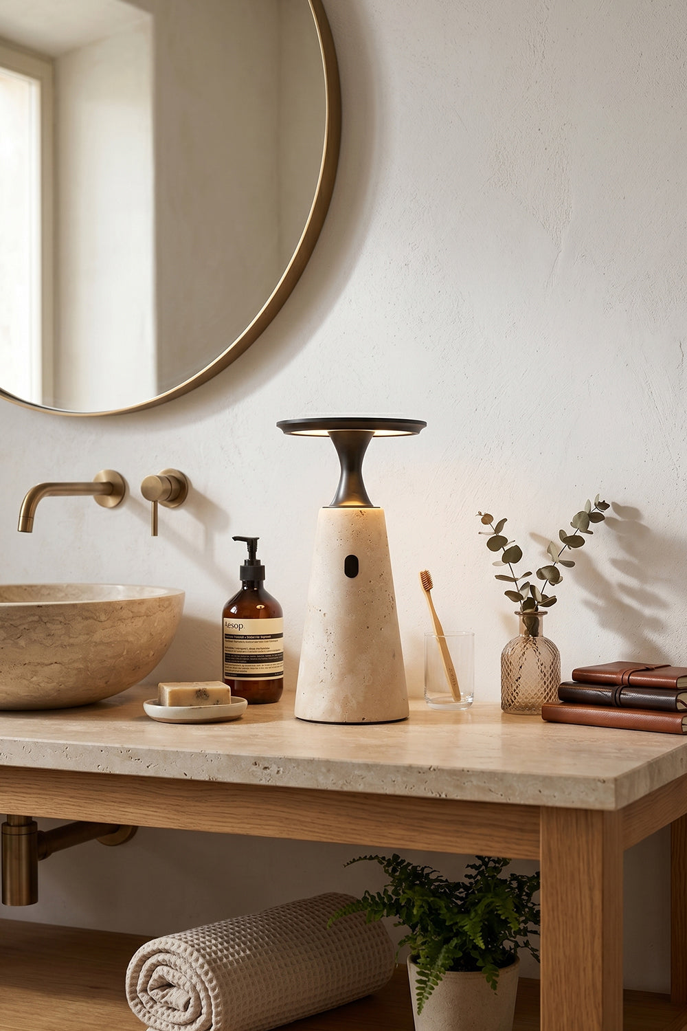 Travertine Obelisk Table Lamp | Metal, Travertine | Modern vanity lighting in bathroom interior | vexa lamps