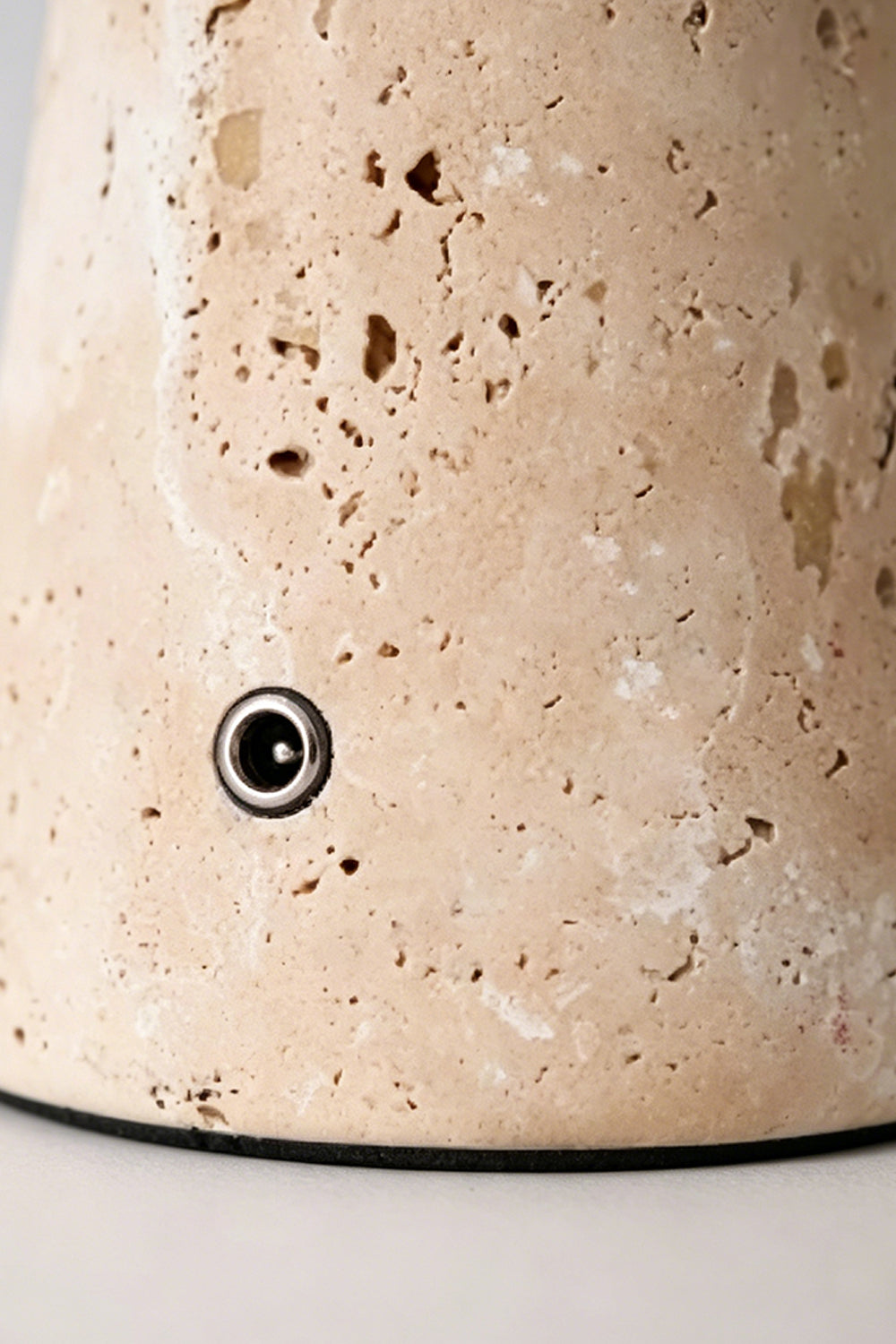Travertine Obelisk Table Lamp detail | Travertine | Close-up of stone texture and charging port | vexa lamps