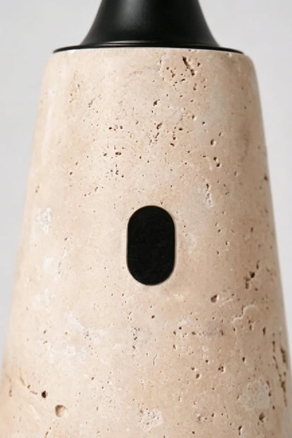Travertine Obelisk Table Lamp detail | Travertine | Macro shot of porous stone and power sensor | vexa lamps
