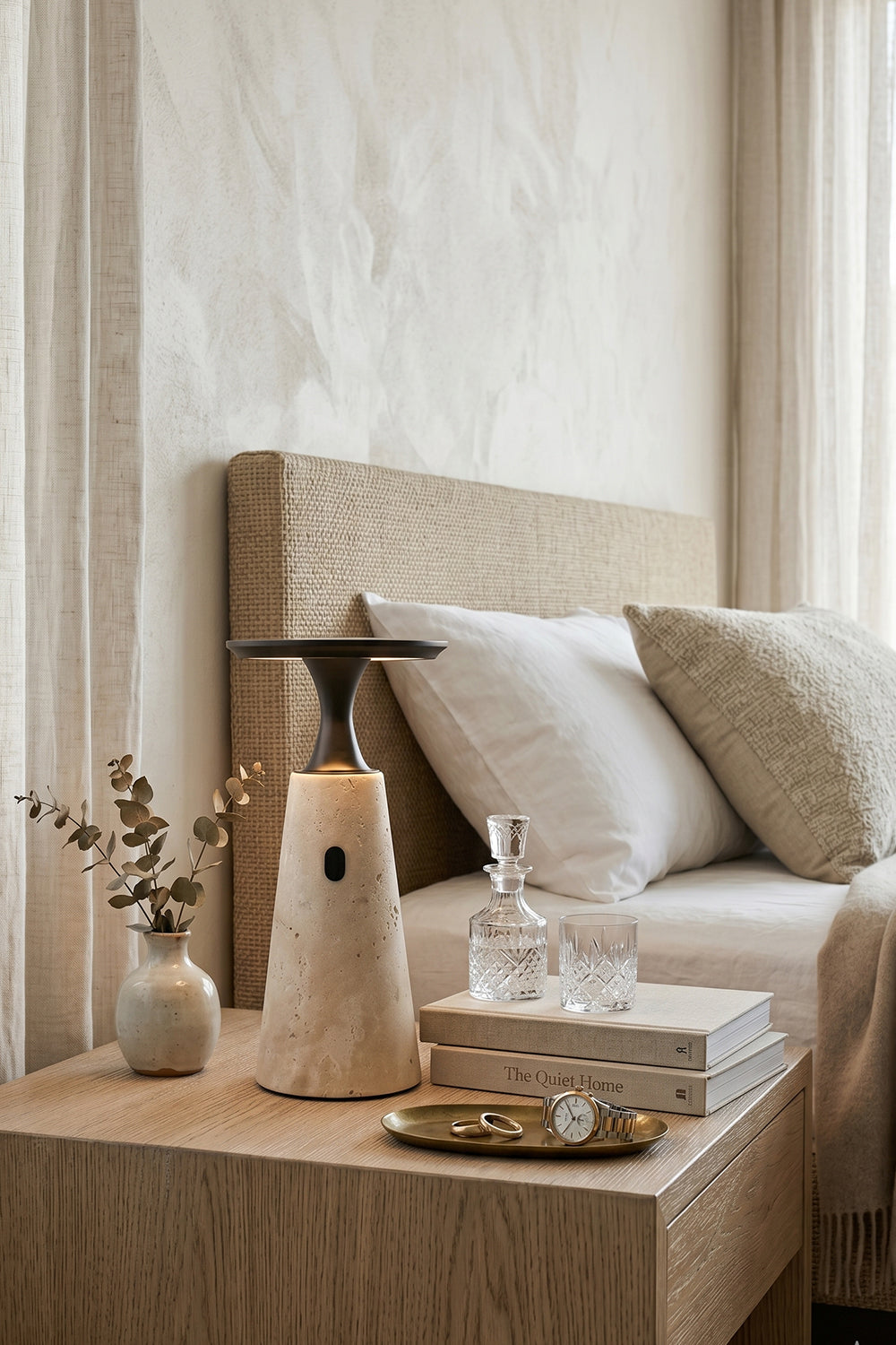 Travertine Obelisk Table Lamp | Metal, Travertine | Bedside lamp in neutral bedroom setting | vexa lamps