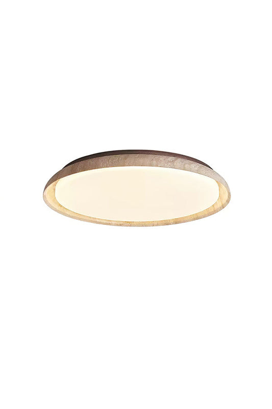 Lit round travertine flush mount ceiling light | Wood, Travertine, Acrylic | Front perspective isolated on white background | vexa lamps