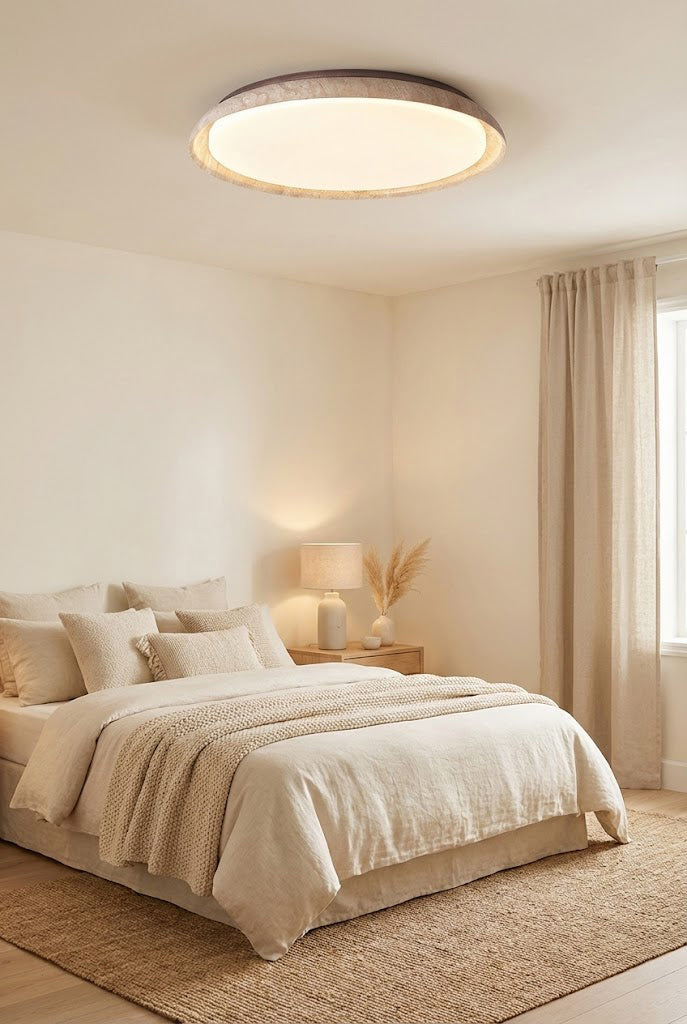 Modern travertine flush mount light in a cozy bedroom | Wood, Travertine, Acrylic | Installed over a neutral-toned bed with warm lighting | vexa lamps