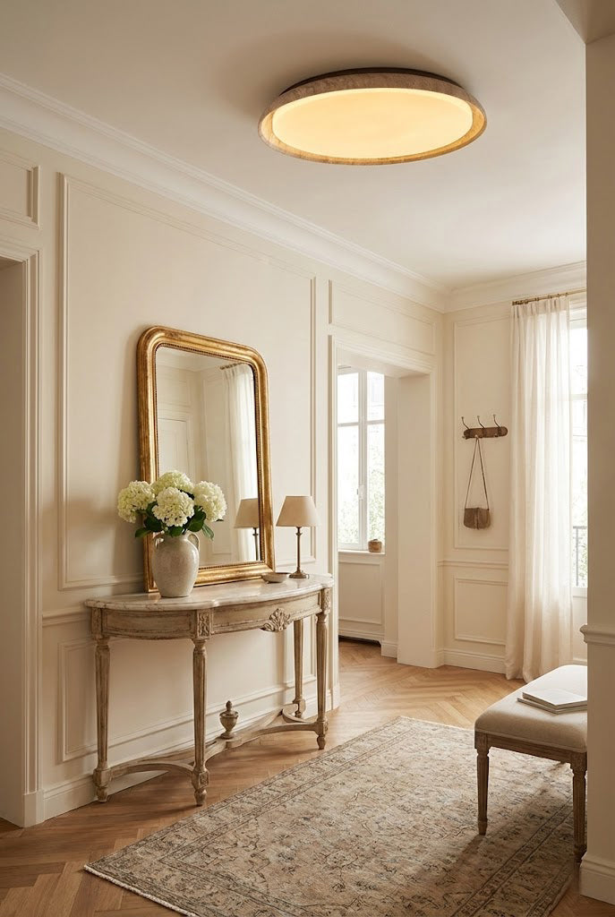 Round travertine ceiling light in a classic entryway | Wood, Travertine, Acrylic | Mounted above a vintage console table and mirror | vexa lamps