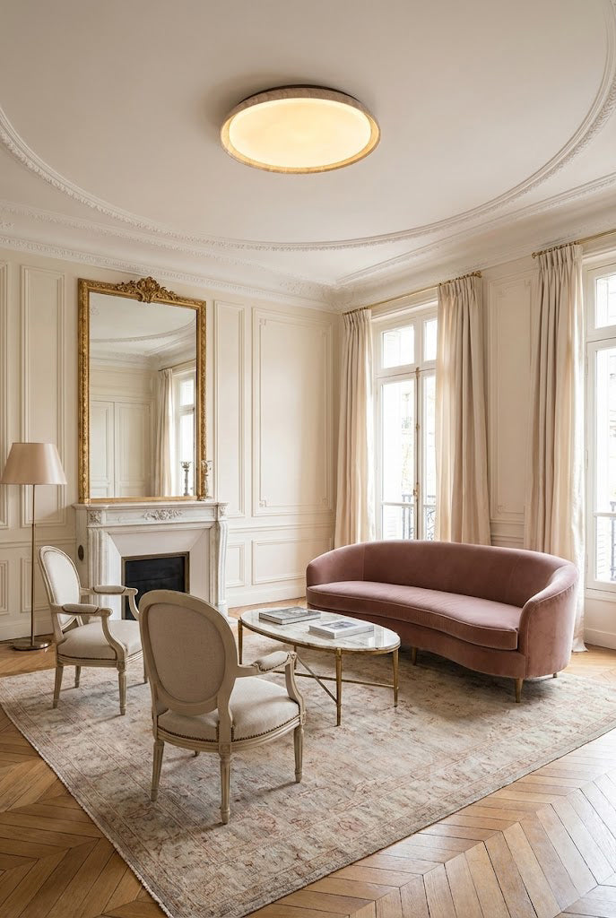 Minimalist travertine light in a grand traditional living room | Wood, Travertine, Acrylic | High-ceiling interior with fireplace and velvet sofa | vexa lamps