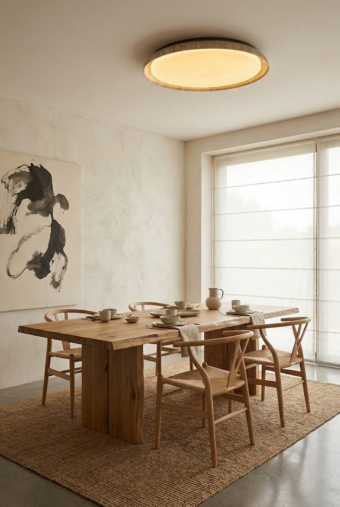 Round travertine light fixture over a wooden dining set | Wood, Travertine, Acrylic | Interior scene with large windows and natural light | vexa lamps