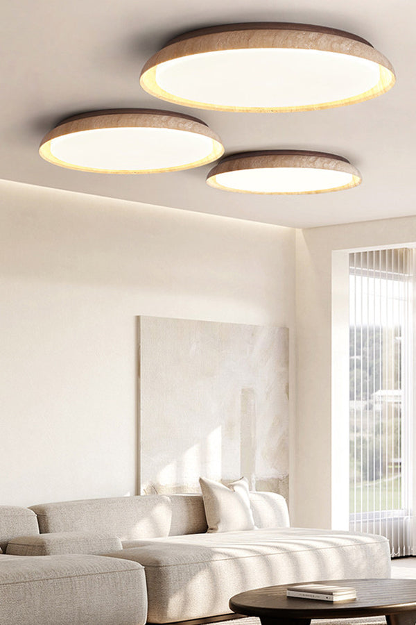 Detailed view of clustered travertine ceiling lights | Wood, Travertine, Acrylic | Close-up showing different sizes in a bright interior | vexa lamps