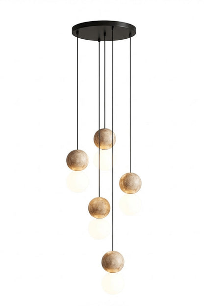 5-light cluster travertine stone pendant light with black canopy | Yellow Travertine, Glass | Front view isolated on white background | vexa lamps