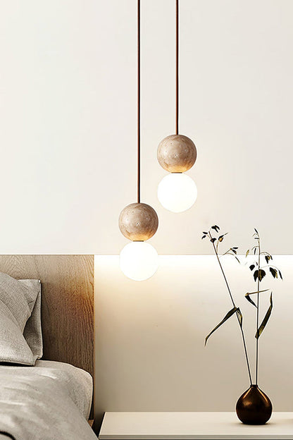 2-light travertine stone cluster pendant | Yellow Travertine, Glass | Bedside installation with soft warm lighting | vexa lamps