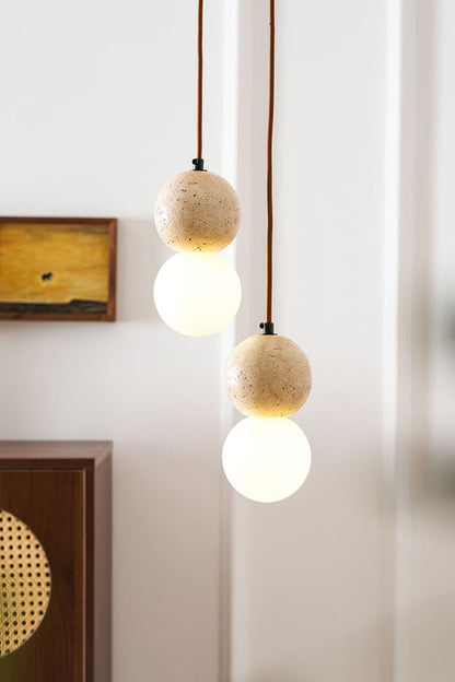 cluster travertine stone pendant light with  canopy | Yellow Travertine, Glass | Front view isolated on white background | vexa lamps
