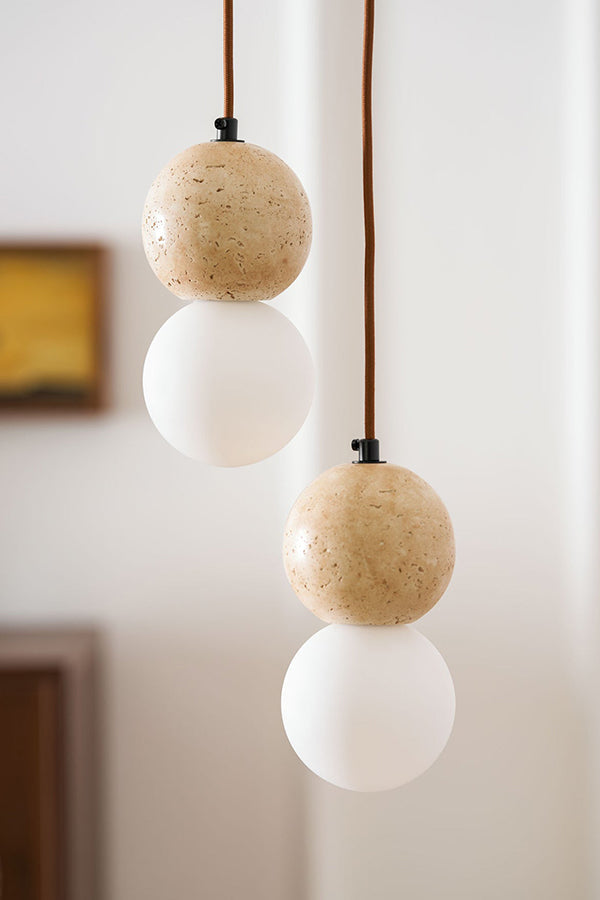 cluster travertine stone pendant light with  canopy | Yellow Travertine, Glass | Front view isolated on white background | vexa lamps
