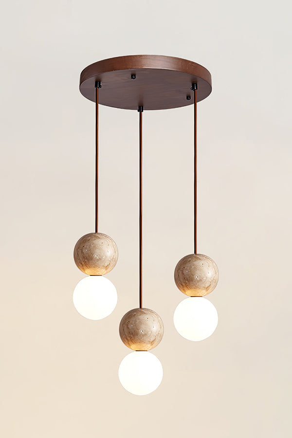 cluster travertine stone pendant light with  canopy | Yellow Travertine, Glass | Front view isolated on white background | vexa lamps